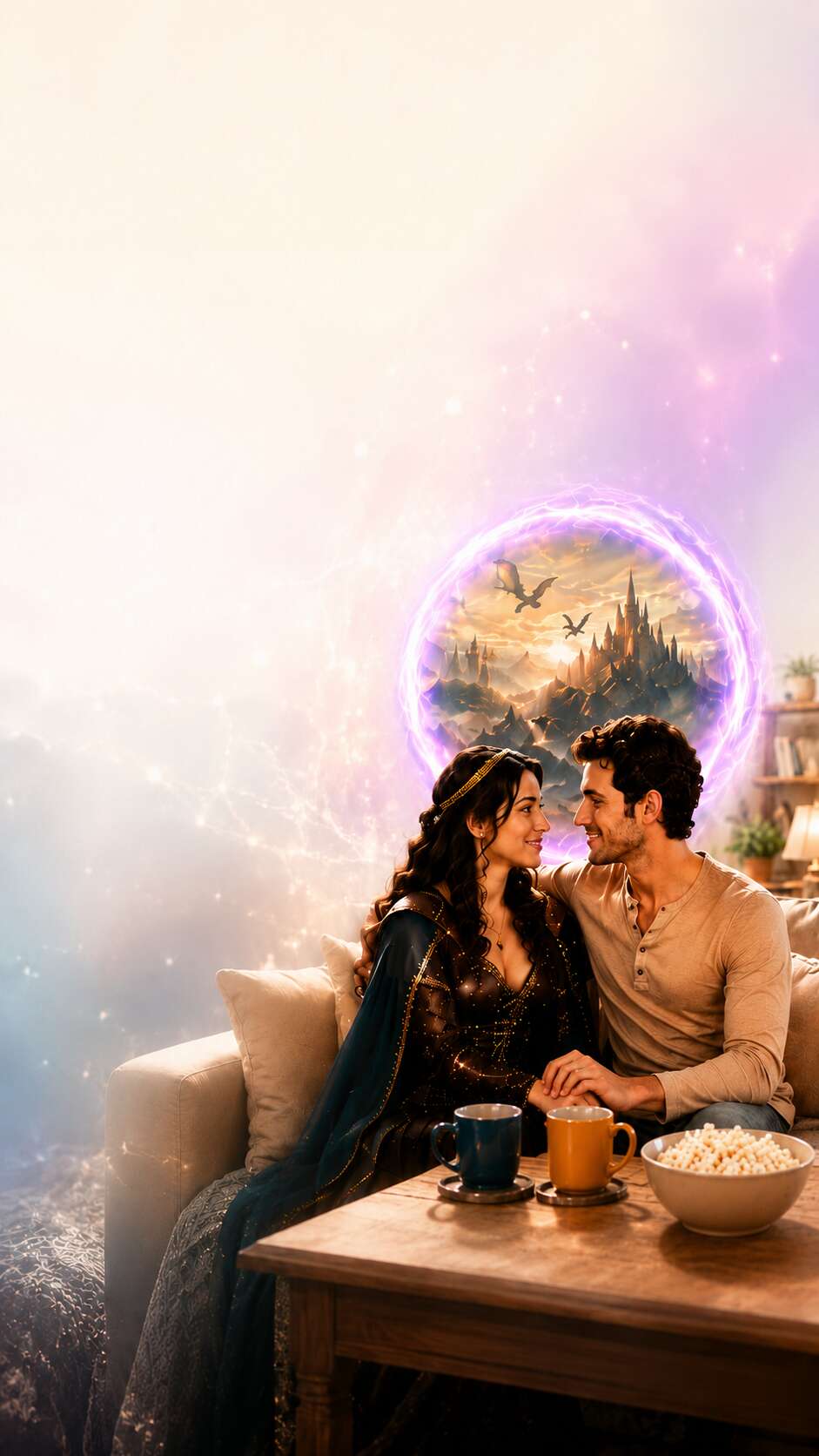 Couple on a couch with a glowing fantasy portal behind them.